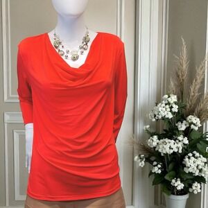 Ellen Tracy Women's Size Medium Red Poppy Drape Neck Long Sleeve Top Blouse NWT!